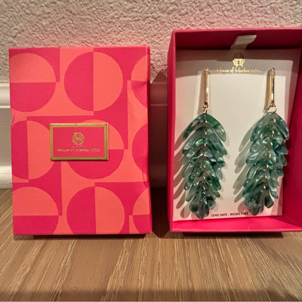 Brand New House of Harlow 1960 Teal Leaf Earrings
